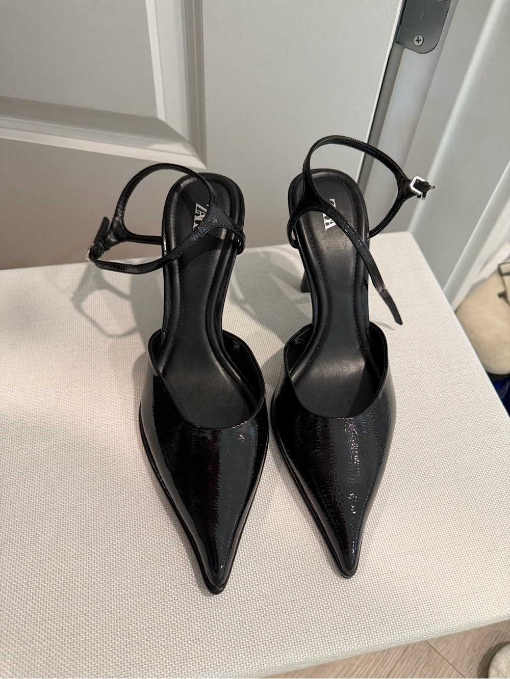 Zara Black Patent Pointed-Toe Ankle-Strap Heels